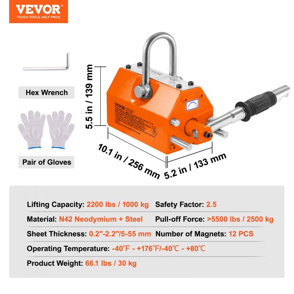 Aimant de levage de charge, aimant de grue (capacité de charge de 1 000 kg, force de traction de 2 500 kg, -40 à 80 ℃), 12 aimants, aimant de levage à fourche commandé à la main, outil magnétique de levage en néodyme jaune – Réf. HT-22843