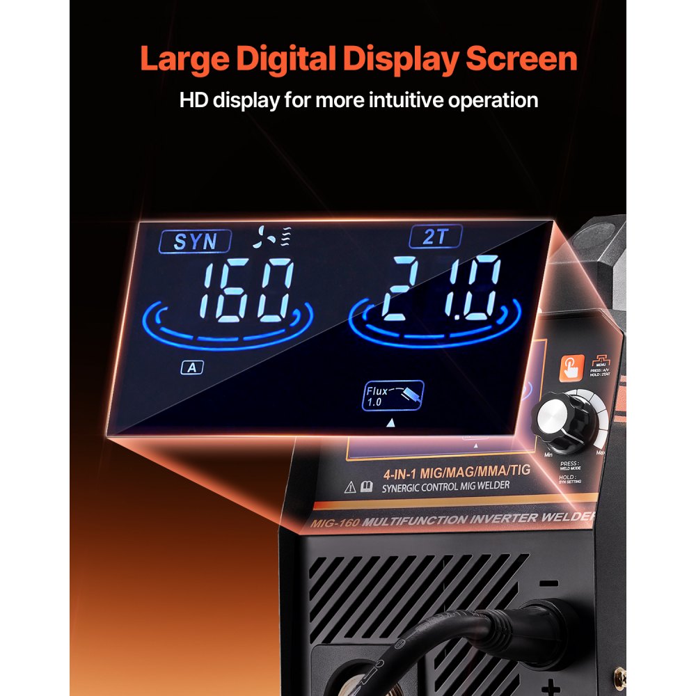 MIG-lasapparaat, 160A-lasapparaat, synergisch MIG-lasapparaat, 4-in-1 gas/MIG/MMA/Lift TIG-multiproceslasapparaat met IGBT-invertertechnologie en LCD-scherm