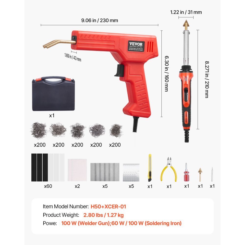 Plastic Welder, 100W Welding Gun + 60/100W Soldering Iron, Plastic Repair Kit with 1000 Hot Clips and 60 Rods for Car Bumpers, Kayaks, Electronics, Toys