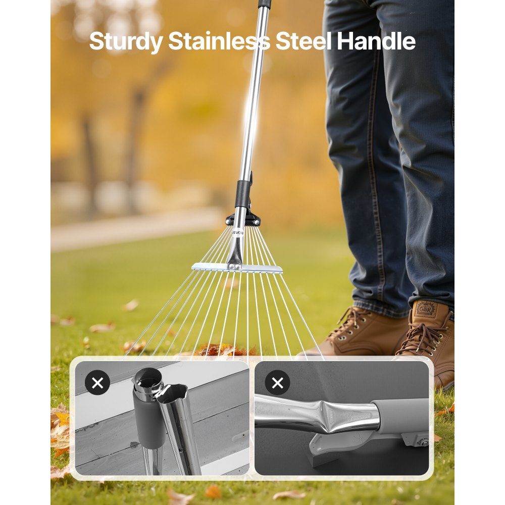 Laubharke, 15 Zinken, Gartenrechen für Rasen mit 570 mm breitem Kopf und 81–160 cm verstellbarer Stange, Fächerbesen zum Entfernen kleiner Blätter für Gartenarbeit, Camping, Hof, Gras