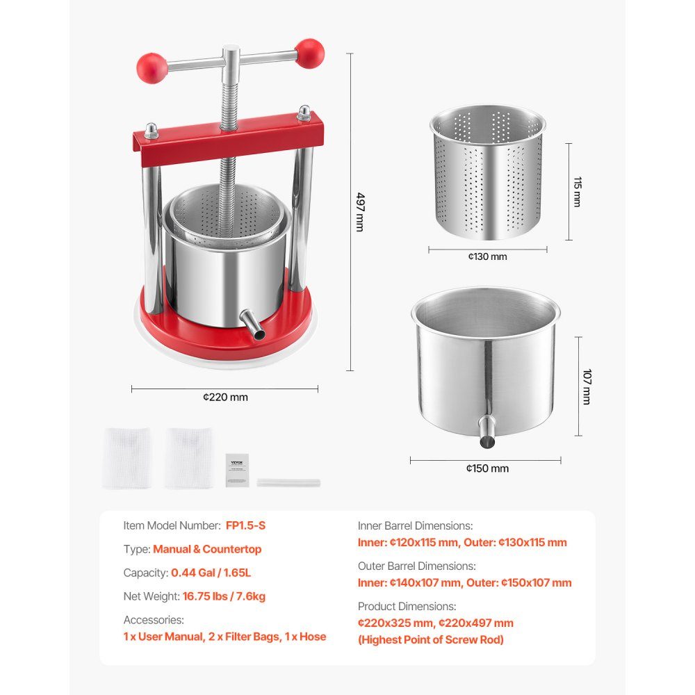 Wyciskarka do wina owocowego, Młynek do owoców, Młynek do jabłek (1,65 l) z 2 beczkami ze stali nierdzewnej, Ręczna wyciskarka do soku, Wyciskarka do cydru, Sokowirówka, Wyciskarka do jabłek, Wyciskarka do winogron, Wyciskarka do oliwy z oliwek z uchwytem