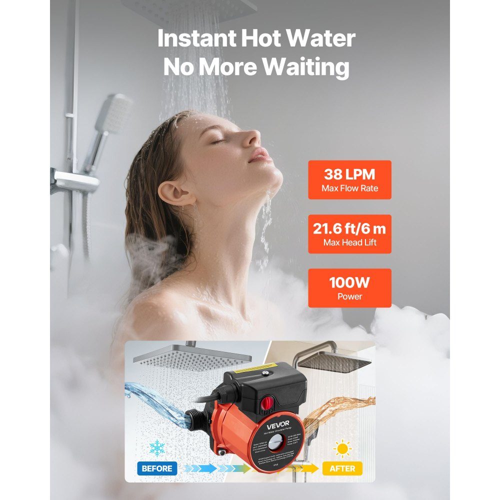 Pompe de circulation 38LPM Système de pompe de circulation à circulation instantanée Contrôle à 3 vitesses 100W Adaptateur AC 220-240V G3/4" à G1/2" Tête en fonte pour système de chauffe-eau
