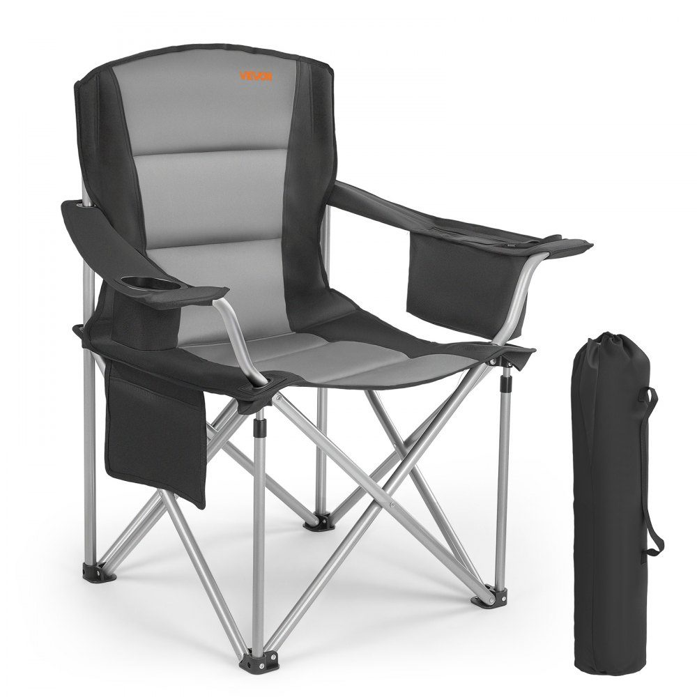 Chaise pliante avec porte-gobelets et accoudoirs, charge de 300 lb, chaise de pêche pliante, chaise pliante noire, comprend un sac de transport, chaise de camping, chaise de directeur d'extérieur portable