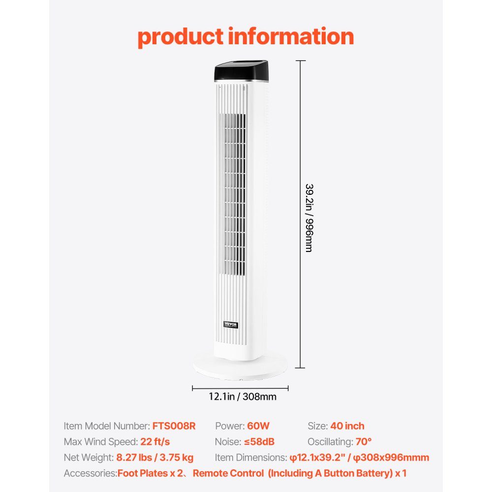 Tower Fan 6.7m/s Speed ​​Evaporative Air Cooler 70° Oscillating Fans with 3 Speeds 4 Modes 12 Hour Timer Remote Control for Bedroom Office Home