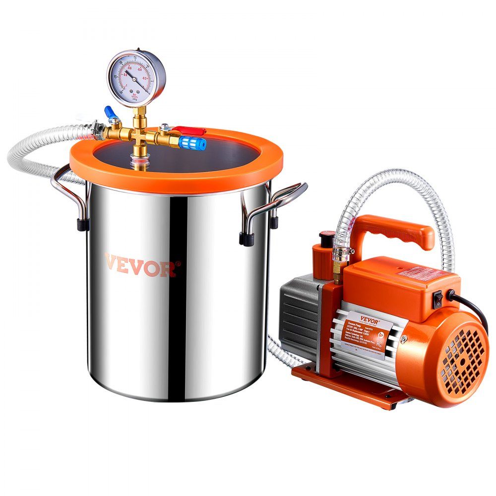 Vacuümkamer van 11,36 liter en pomp van 3,5 CFM, roestvrijstalen kamer, eentraps vacuümpomp-ontgassingkamerset, met acryldeksel, olie, 1,5 m slang, vacuümpompset voor het ontgassen van hars Siliconen epoxyharsen