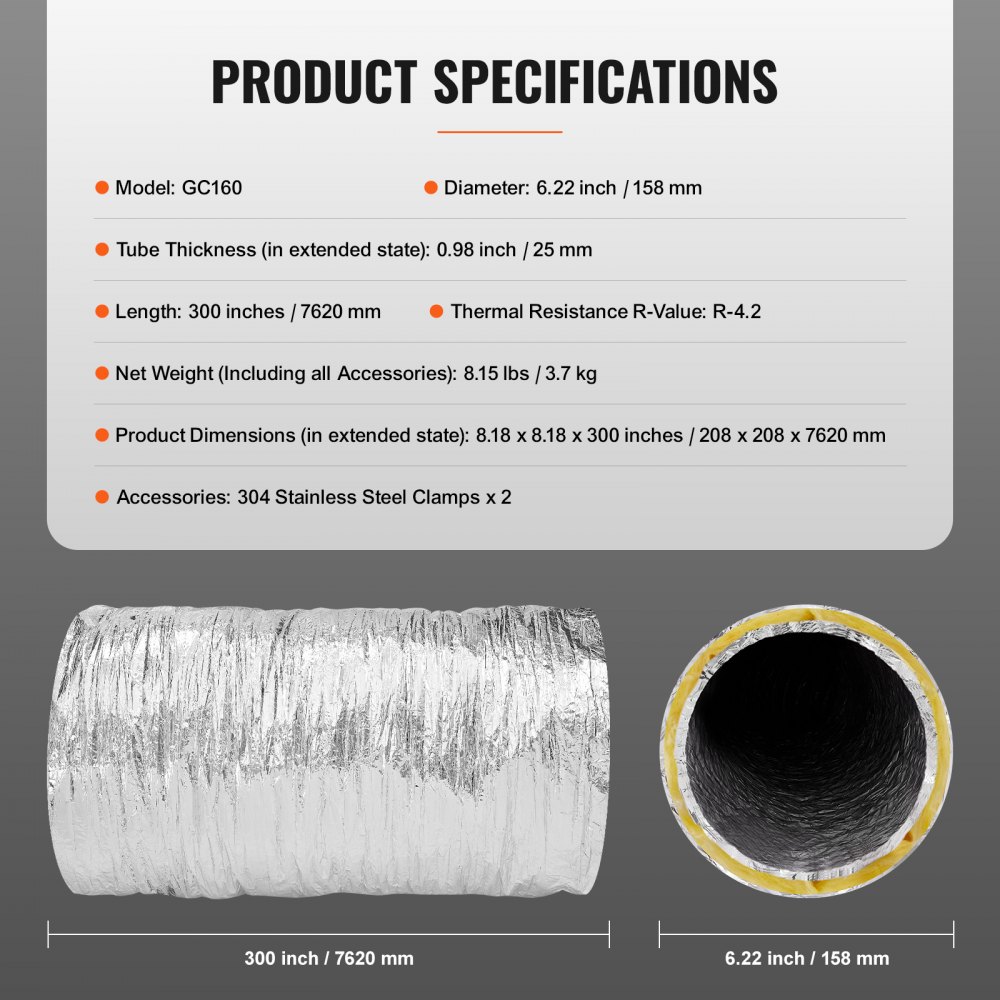 Aluminum Flex Hose 7620mm Long Ventilation Hose Φ158mm Aluminum Flex Pipe Air Duct R-4.2 Thermal Resistance Value 25mm Pipe Thickness Aluminum Pipe Hose Owens Corning Insulation Wool Air Ducts Aluminum Flex Hose 7620mm Long Ventilation Hose Φ158mm Aluminum Flex Pipe Air Duct R-4.2 Thermal Resistance Value 25mm Pipe Thickness Aluminum Pipe Hose Owens Corning Insulation Wool Air Ducts