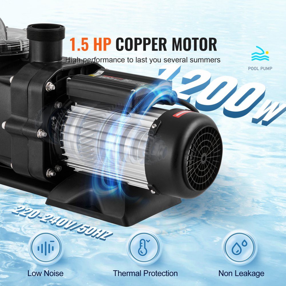 Swimming Pool Pump 1.5HP 100GPM Max Flow Single Speed ​​Pool Pump 220V 2850RPM 50ft Maximum Head Filter Pump with Filter Basket for Above Ground Pools Hot Tubs Spas