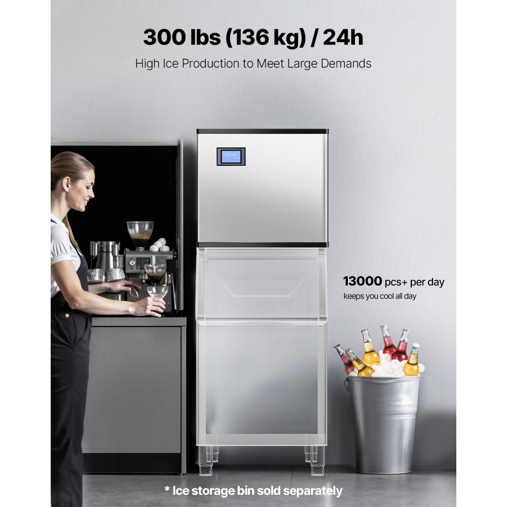 Ice maker head, commercial ice maker (head only), 136kg/day, stainless steel head + PE plastic ice maker head with intelligent control panel and one-touch cleaning