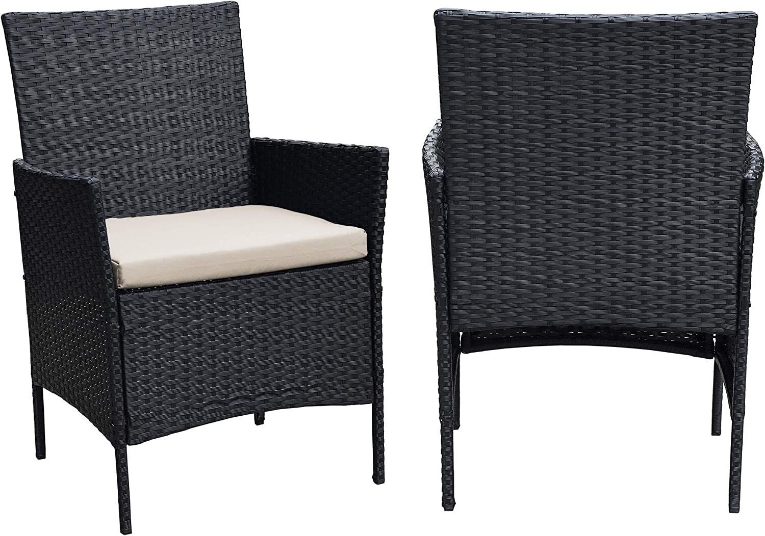 Ribelli 4 Piece Garden Furniture Set, Lounge Set, Cream Cushions - PE Rattan - Table Plus Two Chairs and 1 Bench - Convenient to Store (4 Pieces Black/Cream)
