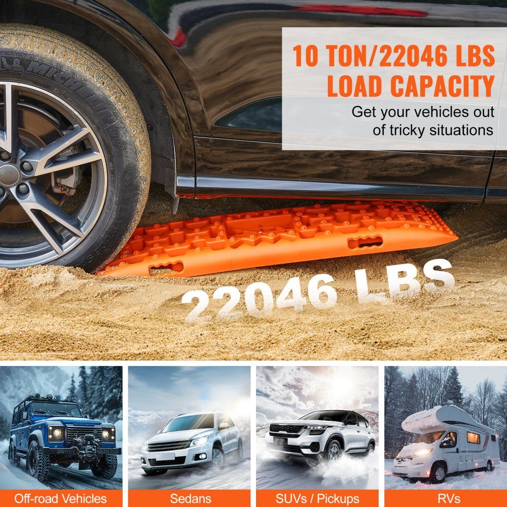 10 TON Traktionsbretter mit PP-Material, Bergungsbretter für Geländefahrzeuge/Autos/Pickups/SUVs/Wohnmobile, Paar Reifen-Traktionsmatten auf Schnee, Sand, Schlamm und losem Boden, Aufbewahrungstasche, lang, Orange