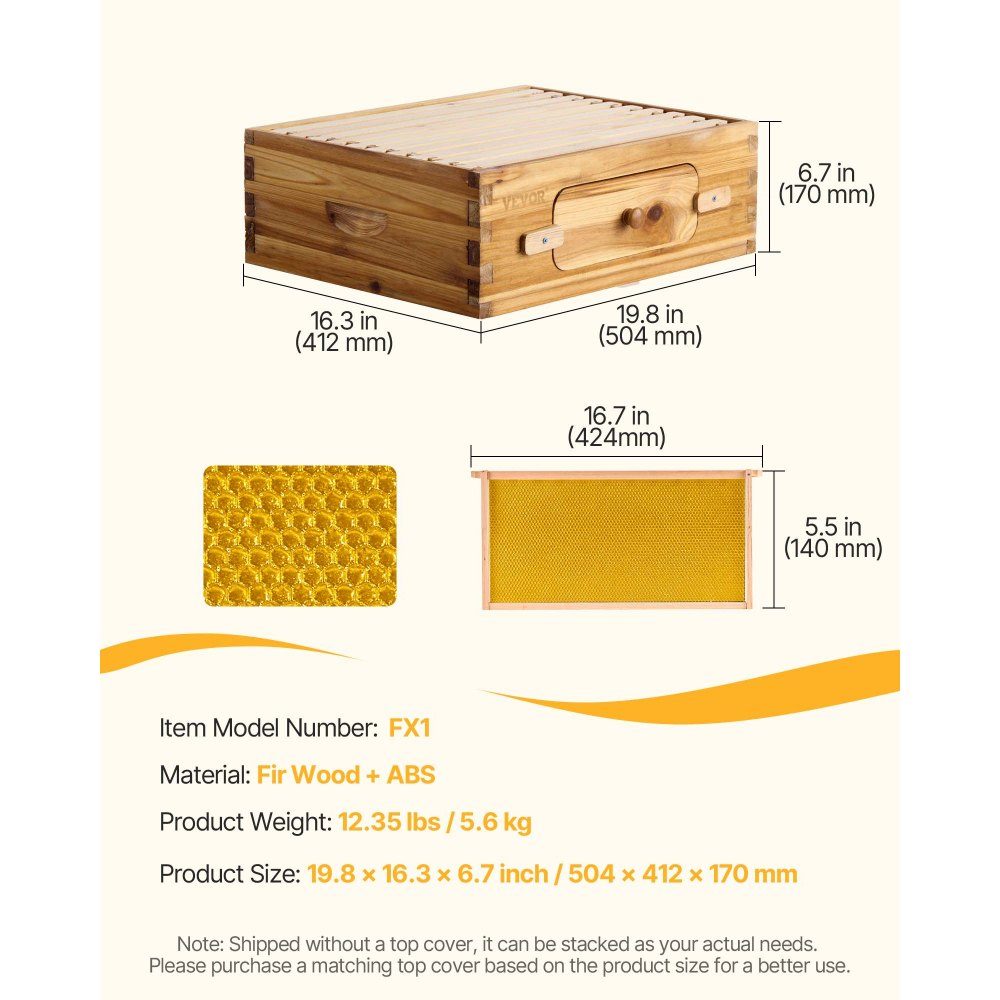 Beehive Starter Kit, Medium Box, 100% Beeswax Coated Natural Fir Wood, Langstroth Beehive Set with 10 Frames and Center Panels, Clear Acrylic Bee Windows