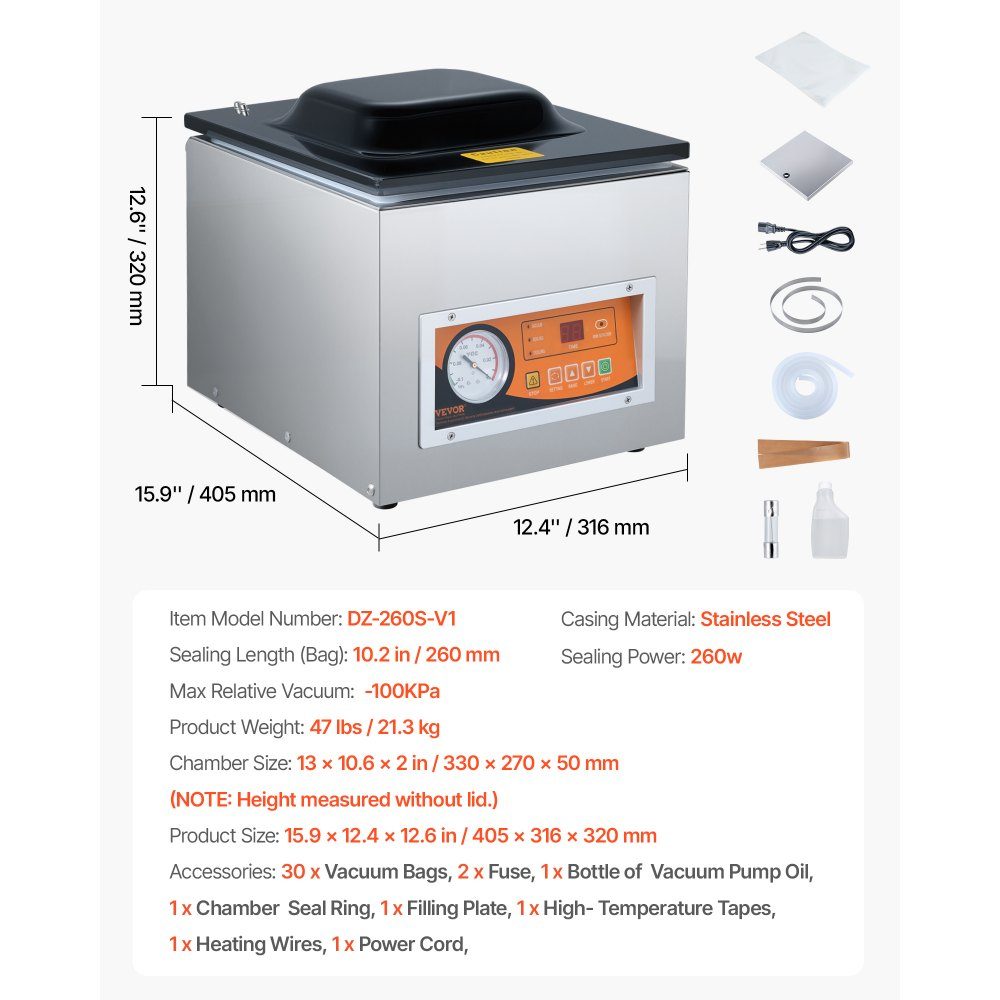 Kamervacuümmachine 260 W vacumeermachine voor vochtige gerechten, vleesmarinades enz. Compact formaat met een seallengte van 26 cm Kan worden gebruikt in particuliere keukens en commerciële ruimtes
