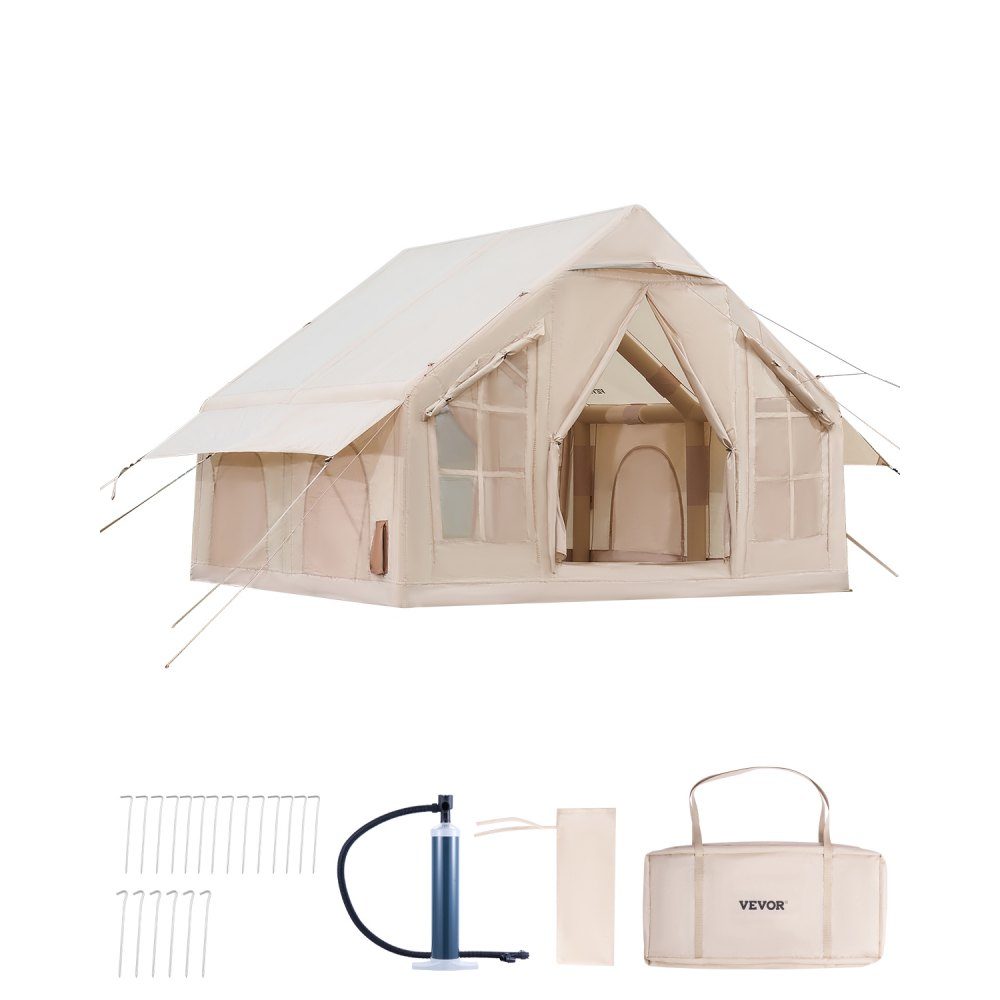 Opblaasbare kampeertenten 3 x 3 x 2,3 m 4-6 personen 300D Oxford 4-seizoenen glampingtent met handpomp, kachelaansluiting, 2 deuren en 4 gaasramen, inclusief opbergtas voor transport