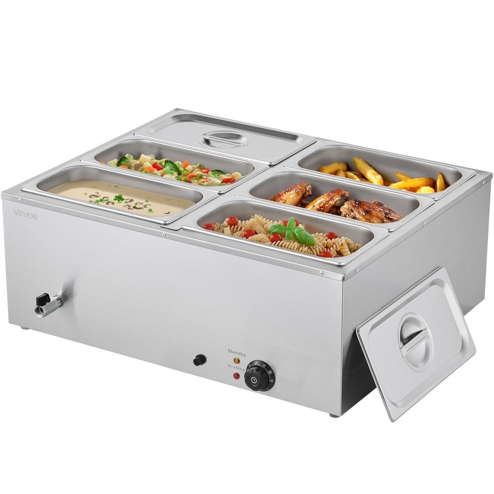 Réchauffeur de nourriture commercial (6 récipients de taille 1/3), récipient chauffant électrique en acier inoxydable de 1,5 kW avec couvercle et louche à soupe, ensemble de réchauds pour restauration, restaurant, fête