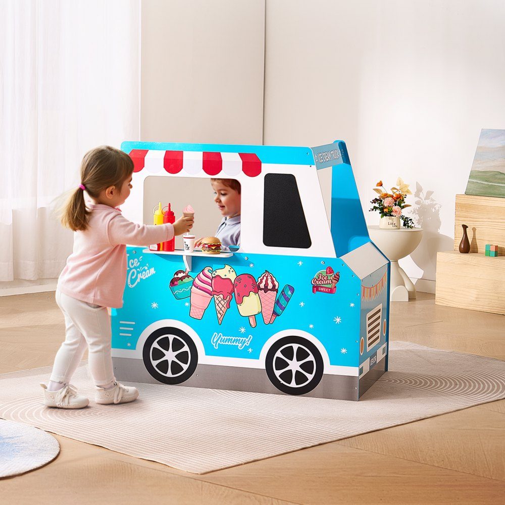 Chariot à glaces pour enfants, plus de 20 accessoires, glacier en bois avec volant et planche, scanner de paiement et congélateur, robinet et évier, adapté aux enfants de 3 à 7 ans, bleu