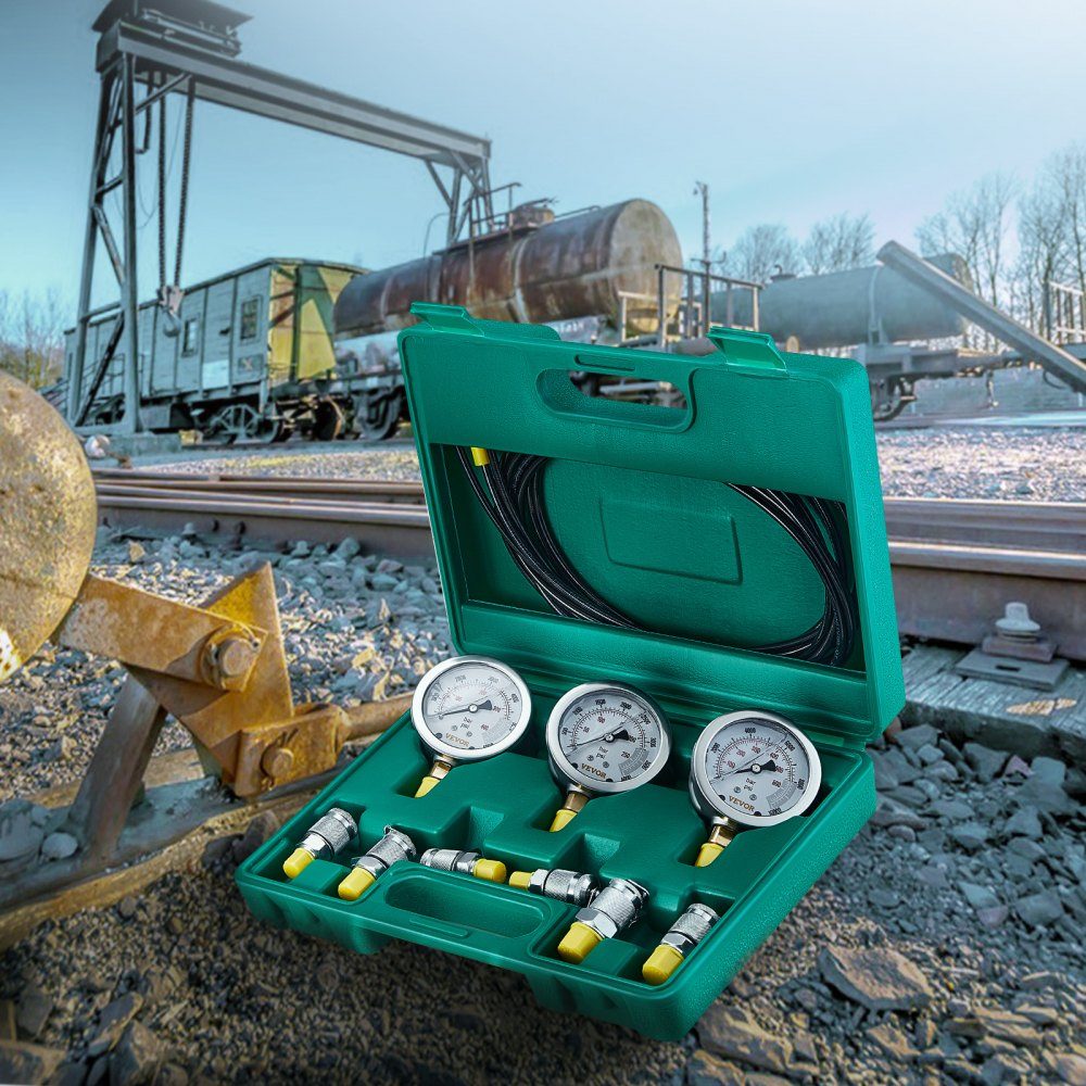 Hydraulic Pressure Test Kit, 250/400/600 Bar, 3 Gauges, 6 Test Couplings, 3 Test Hoses, Excavator Hydraulic Test Gauge Set with Portable Carry Bag for Excavators, Tractors, Construction Machinery