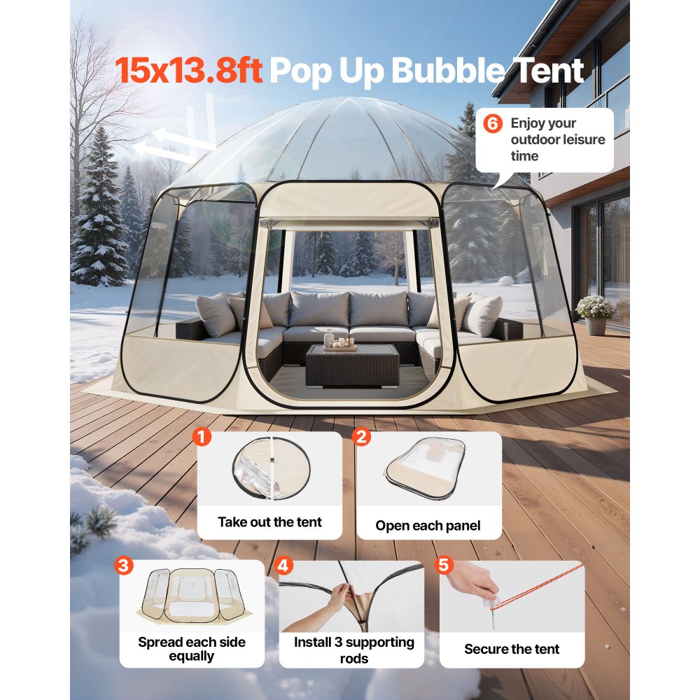 Pop-up bubble tent 458x432x230cm transparante kampeertent tuinkoepel iglotent met ramen sporttent 540° panoramisch zicht voor 12-15 personen patio achtertuin Pop-up bubble tent 458x432x230cm transparante kampeertent tuinkoepel iglotent met ramen sporttent 540° panoramisch zicht voor 12-15 personen patio achtertuin