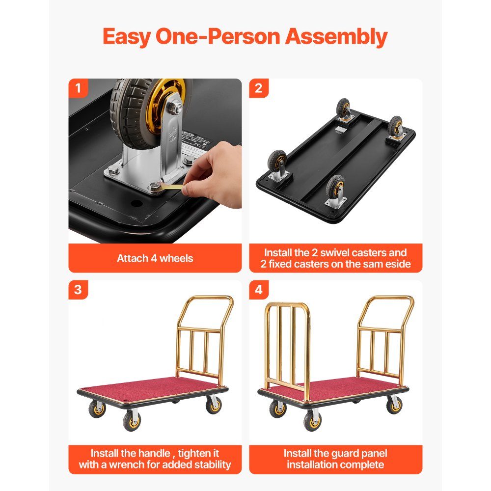 Stainless Steel Hotel Luggage Cart, 800lb Heavy Duty Luggage Cart with 6" Rubber Wheels, Red Carpet Hotel Cart, Commercial Platform Cart for Hotels, Vacation Rentals, Resorts, Gold