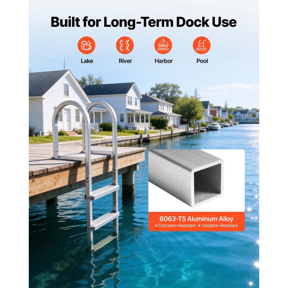 Dock Ladder Removable, Boat Ladder with 3 Non-Slip Steps, Wide Pedals and Handrail, 500lb Aluminum Alloy Pool Ladder, Entry Ladder for Docks, Pools, Lakes, Boats, Silver