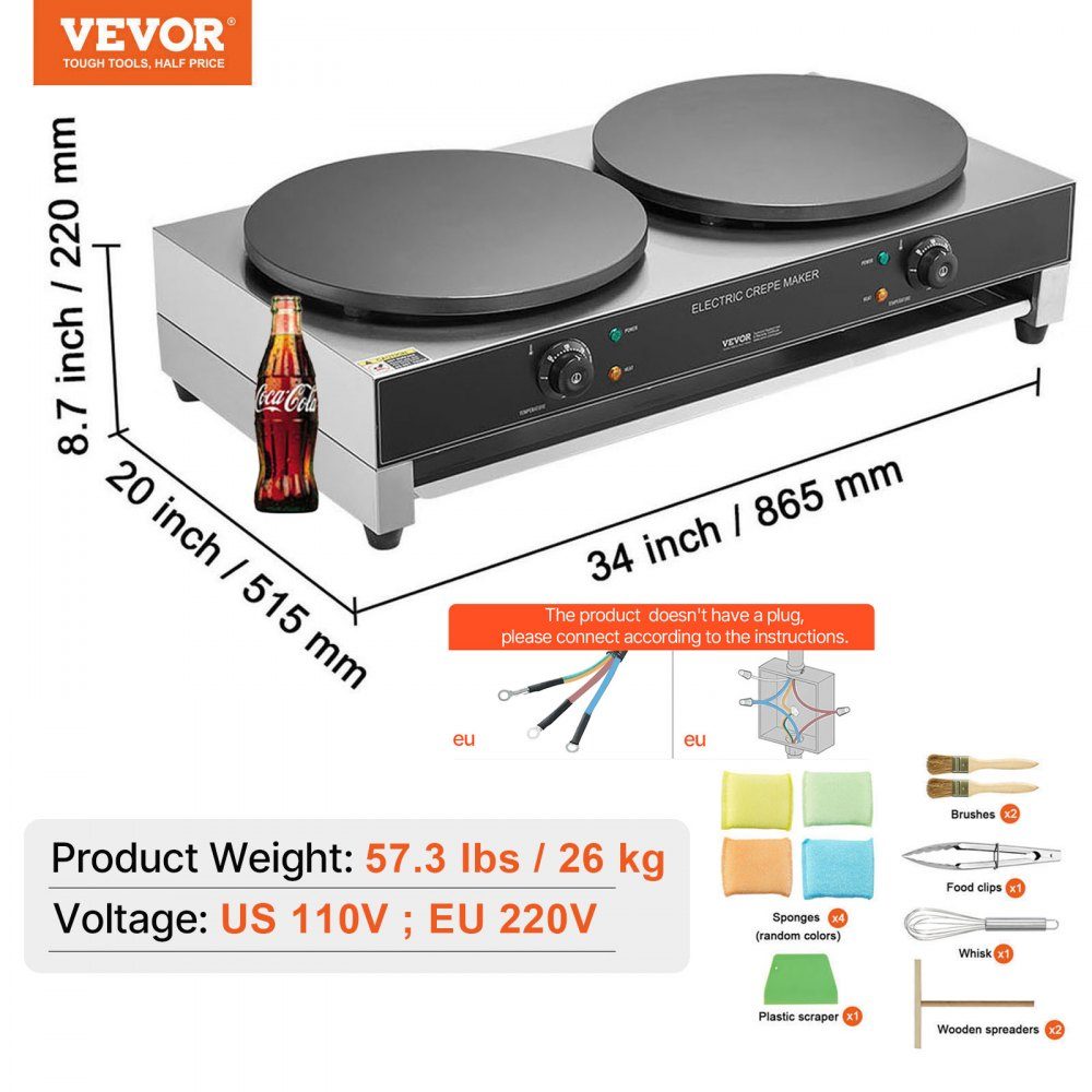 Electric Crepe Maker, Double Head Crepe Machine, 6000W Flat Crepe Grill Plate, Stainless Steel Pancake Oven, Cereal Pancake Oven, Temperature Control (No Plug)