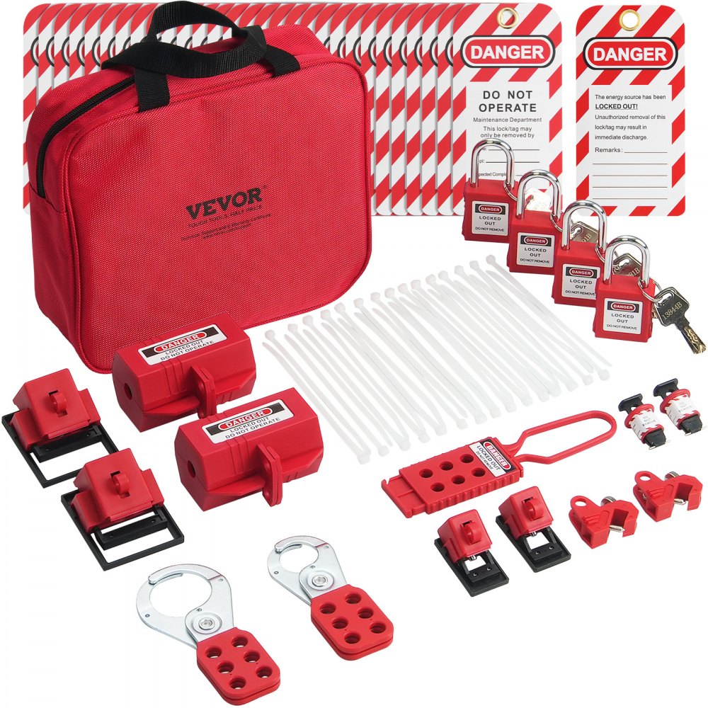 Elektrische vergrendeling Tagout-set, 47-delige Loto-beveiligingsset met hangsloten, grendels, tags, nylon riemen, stekkervergrendelingen, stroomonderbrekervergrendelingen en draagtas