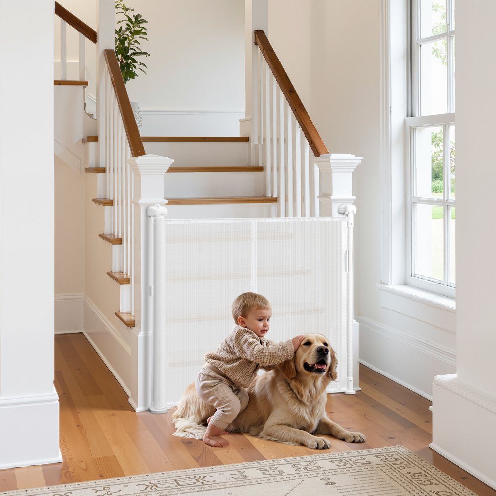 Extendable baby gate, dog gate, extendable to 280 cm wide / 87 cm high, pet gate, protective gate made of mesh material for indoor stairs, doors, hallways, playrooms, stair gates, white