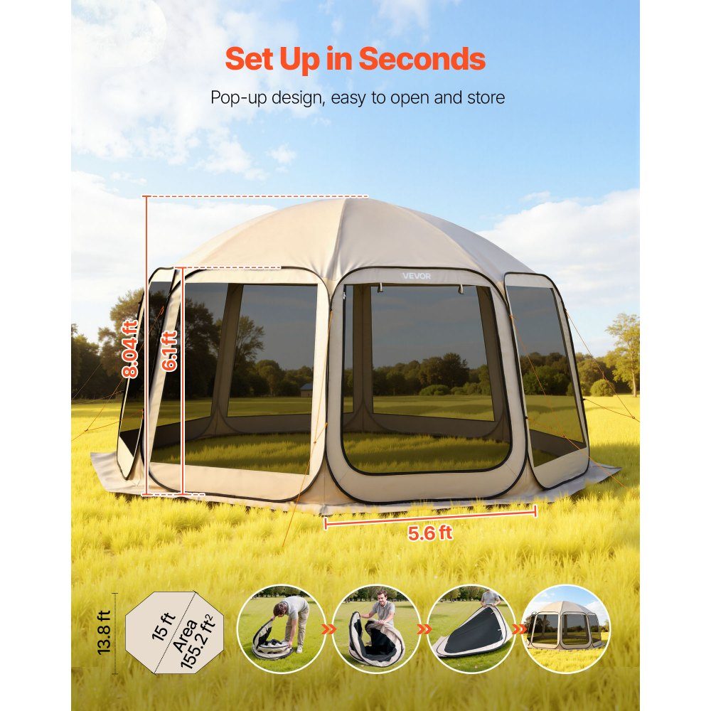 Kampeertent, 457,2x420,6x245 cm, partytent voor 12-15 personen, pop-up tent, inclusief draagtas, mesh zijwanden en haringen, voor tuin, terras en buitenactiviteiten, beige