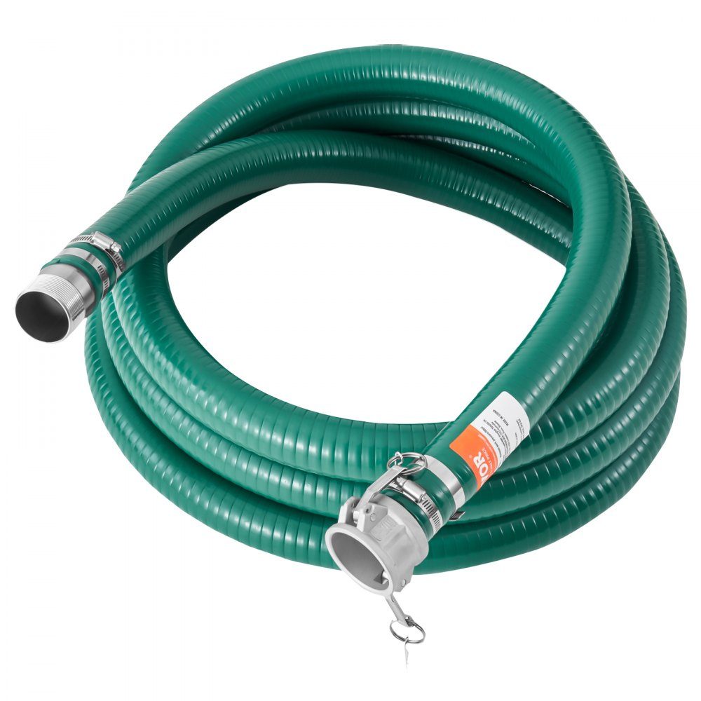 Das Saugschlauch-Set umfasst einen 2" x 50" blauen Rückspülschlauch, einen 20' grünen Saugschlauch und ein Rundloch-Stahlsieb, Camlocks, Klemmen, Nocken- und Nutadapter für verschiedene Zwecke