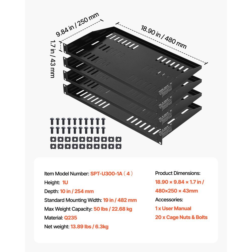 1 HE Server-Rack-Regal, 4 Stück, 22,7 kg, belüfteter Ausleger, Wandmontage oder Rack-Montageregal mit Regal, 25,4 cm Tiefe, gute Luftzirkulation für 48,3 cm Schrank, Computer, Netzwerkausrüstung