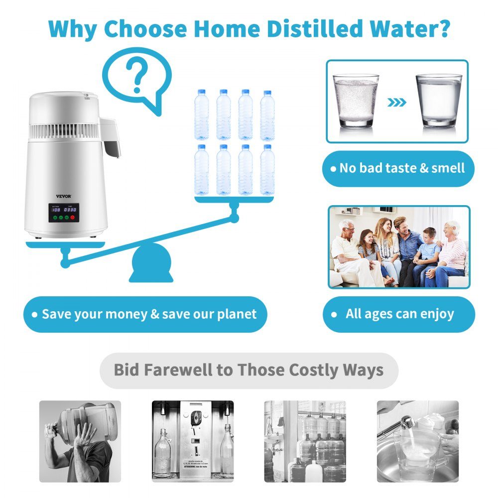 4L waterdestilleerder 750W distilleerder roestvrijstalen waterdestilleerder zuiver waterdestilleerder met glazen kan, waterdestilleerder 1L/uur waterdestilleerder met dubbel temperatuurdisplay