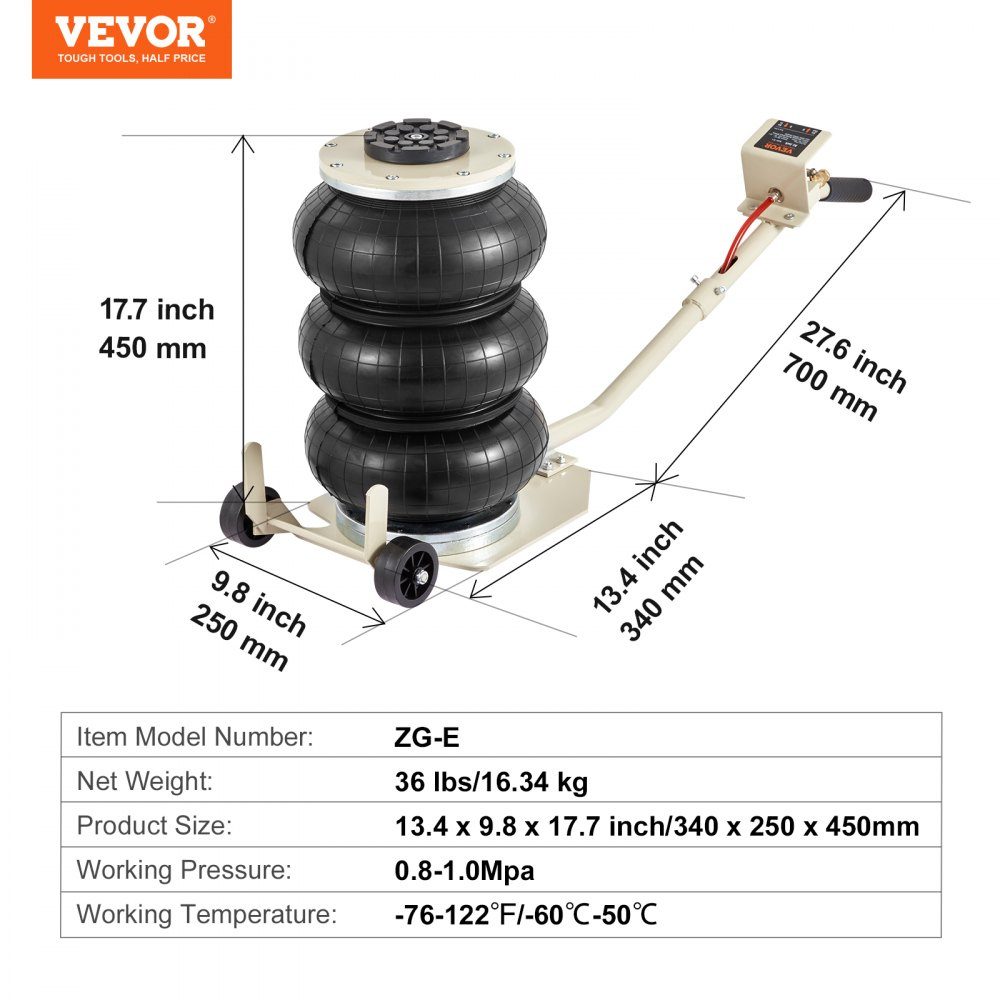 Pneumatischer Wagenheber, Luftheber, 3T, Weiß, Dreifachbeutel-Luftheber, 140–450 mm Hubhöhe, Airbag-Luftheber mit langem Griff, 5-Minuten-Hebeluftheber für SUV, LKW, Auto usw