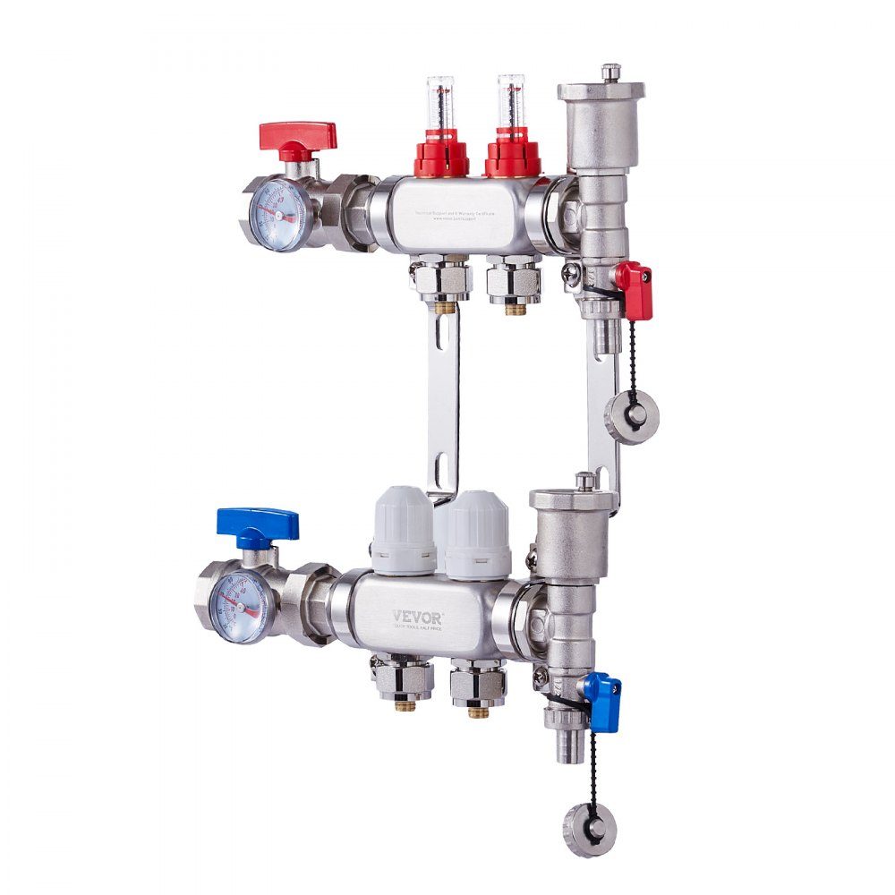 Wärmeverteiler mit 2 Zweigen, 1/2-Zoll-PEX-Rohrverteiler, PEX-Verteiler aus Edelstahl für hydronische Fußbodenheizung, Wärmeverteilungs-PEX-Verteiler-Kit mit 1/2-Zoll-Adaptern im Lieferumfang enthalten