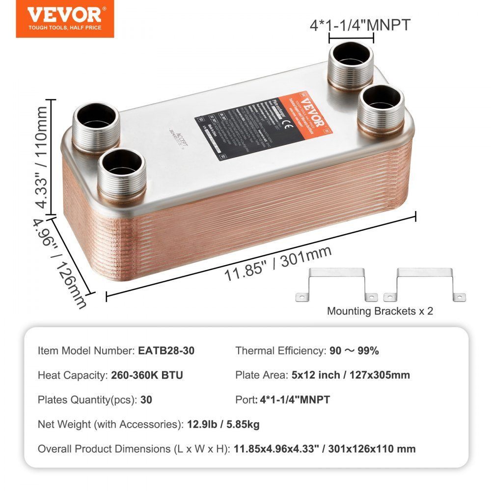 Échangeur de chaleur à plaques 30 Raccords MNPT 4x1-1/4 pouces en acier inoxydable 316L