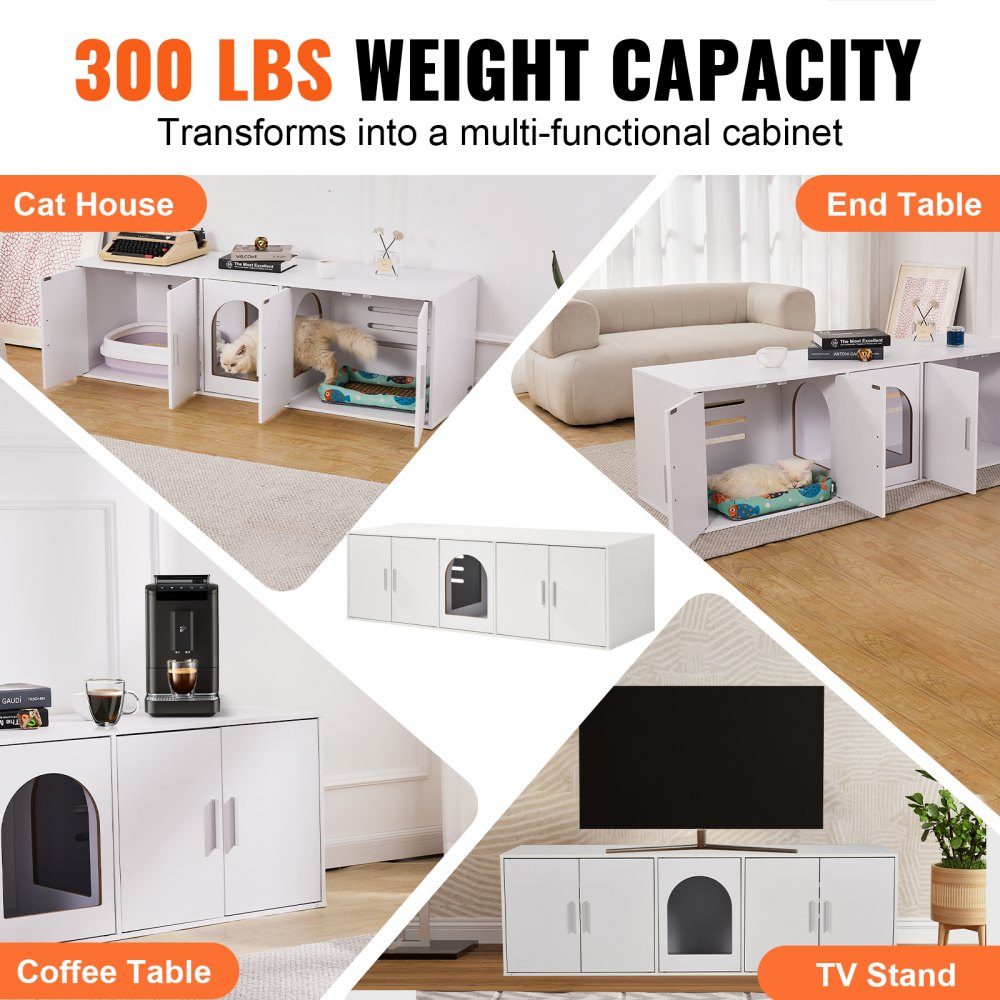 Cat Litter Box Enclosure for 2 Cats, Hidden Cat Litter Box Furniture with Double Rooms, Wooden Litter Box Cabinet, Fits Most Litter Boxes, 57.9"L x 18.3"W x 17.9"H, White
