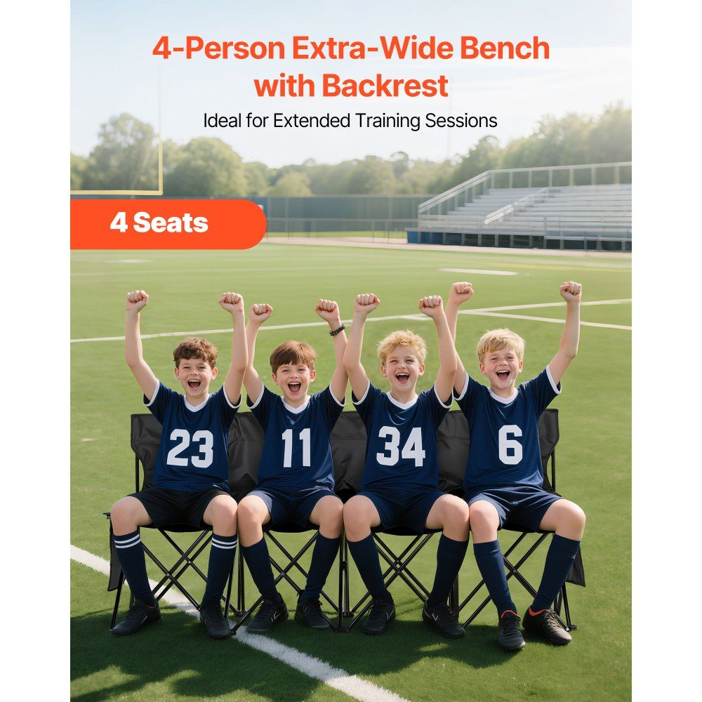 Portable Folding Camping Bench Bench (4 Person) with Side Pockets and Carry Bag Team Bench with Backrest Side Bench for Football Baseball Camping Outdoor Activities Black