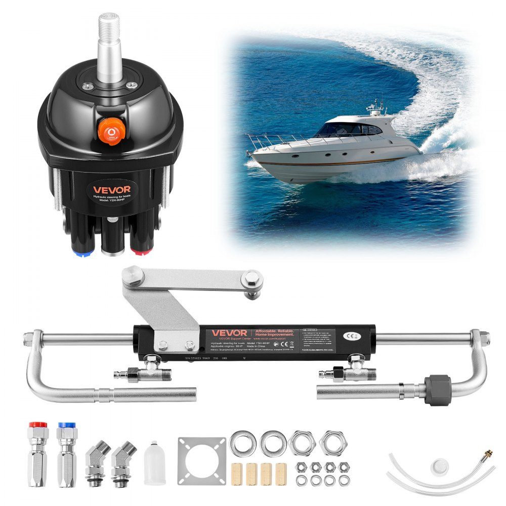 Outboard Hydraulic Steering Kit, 70kW (90HP) Hydraulic Steering Pump and Cylinder, 6.9MPa Working Pressure, Aluminum Alloy Housing, Check Valve, for Outboard Motors, Fishing and Sailboats