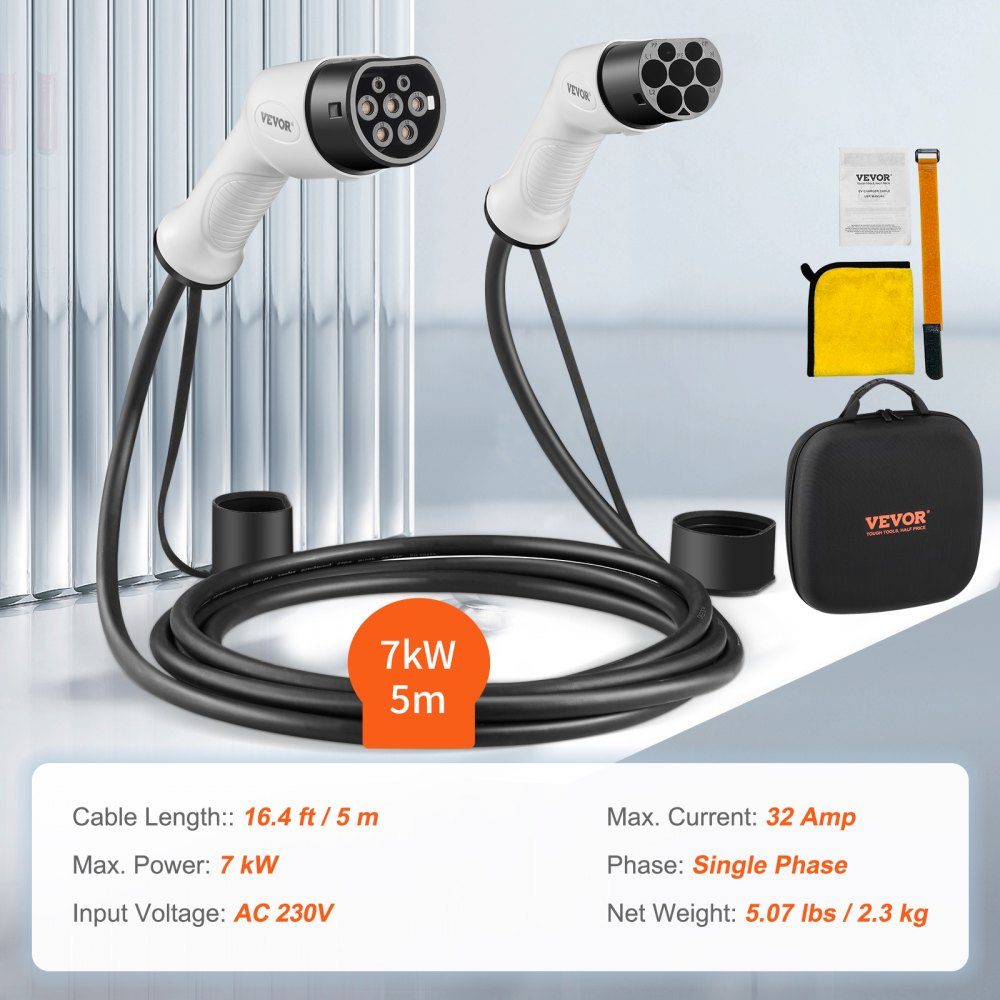 Type2 charging cable for electric car/hybrid EV charging cable E-car charging cable Wallbox 7 kW TPU charging cable 5 m cable length 1-phase AC 230 V Type2 to Type2 Water/dustproof Compatible with all Type 2 models