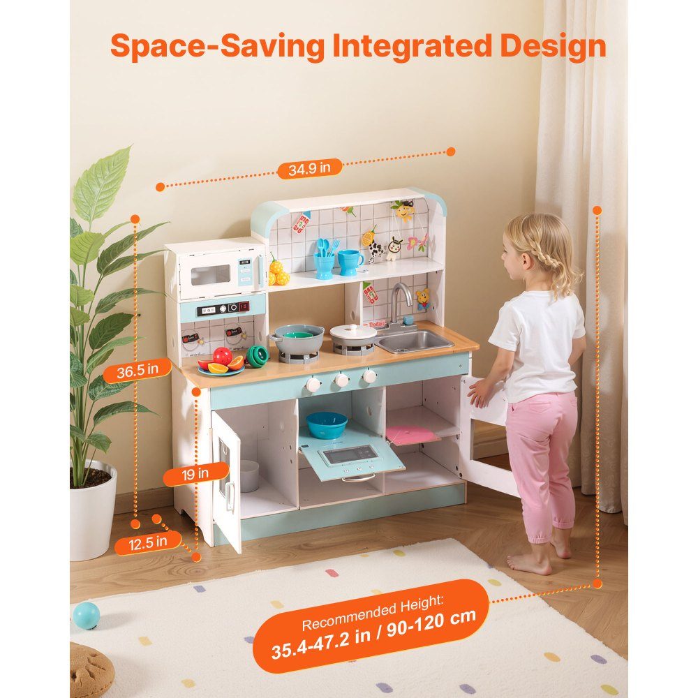 Play Kitchen for Kids, Wooden Toy Kitchen Set with Lights and Sounds, Toddler Kitchen with Ice Cream Maker, Oven, Sink, Microwave, Refrigerator and Utensils and Fruit Accessories for Toddlers Ages 3-8, White