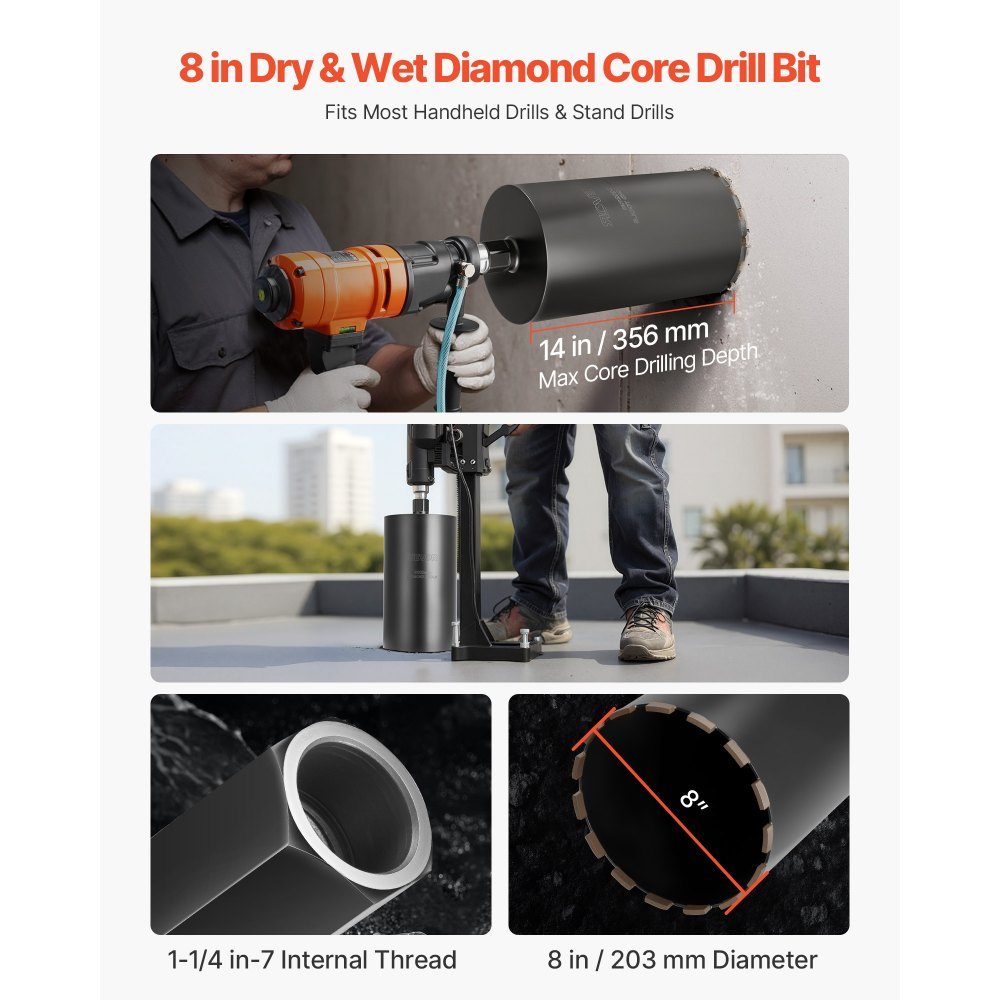 Core drill φ 203 mm, 356 mm drilling depth, 1-1/4 inch-7 internal thread, high-precision welding technology, wet diamond core drill, core hole drill for reinforced concrete brick masonry