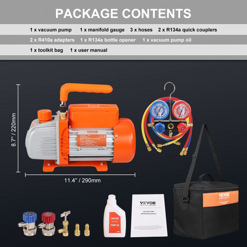 Vakuumpumpe 100 l/min, Vakuumpumpe, 1-stufig, 220 V/50 Hz, 1440 U/min, 800–4000 PSI (55–276 bar), 250 ml Ölkapazität, Vakuumausrüstung, Verteiler, Manometer-Set für Klimaanlagen, Fahrzeugkühlsysteme