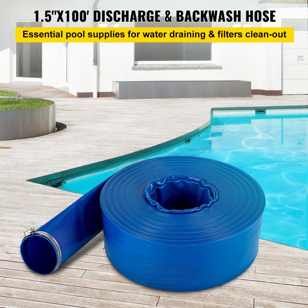 Ablaufschlauch, 38 mm x 32 m, Flachschlauch aus PVC-Gewebe, robuster Rückspül-Ablaufschlauch mit Klemmen, wetterfest und platzsicher, ideal für Schwimmbad und Wasserübertragung, Blau