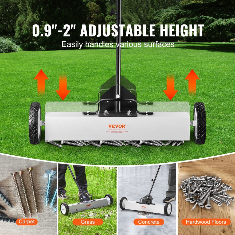 24 Inch Wheeled Magnetic Sweeper, 50 Pound Capacity, with Extendable Magnetic Pickup Tool, Adjustable Handle, Magnetic Pickup Sweeper for Picking Up Nails and Screws, for Workshop, Garage, Yard