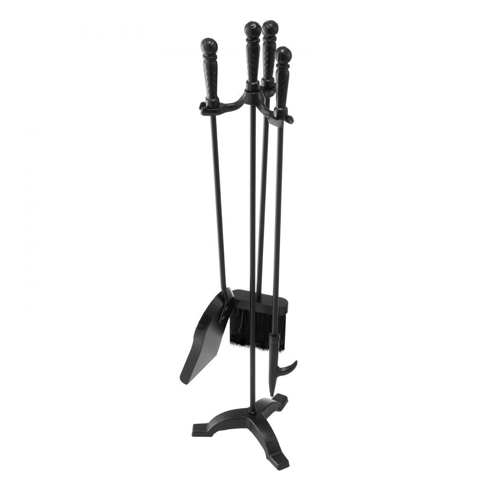 Kaminbesteck-Set, 4-teiliges Herdbesteck-Set, inklusive dreizackigem Ständer, Ascheschaufel, Besen, Schürhaken, schmiedeeisernes Kaminzubehör für Lagerfeuer im Innen- und Außenbereich, Schwarz