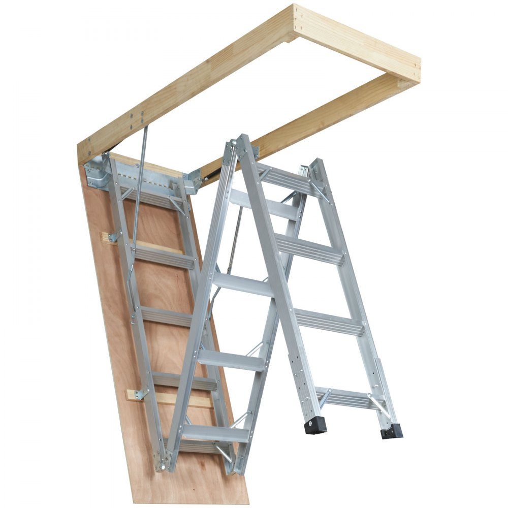 Telescopische ladder, 158,8 kg, trapladder, 12 treden, installatiehoogte van 290 tot 300 cm of 341 tot 366 cm, vouwladder, aluminium + hout, huishoudladder met hydraulisch gedempt afdaalontwerp