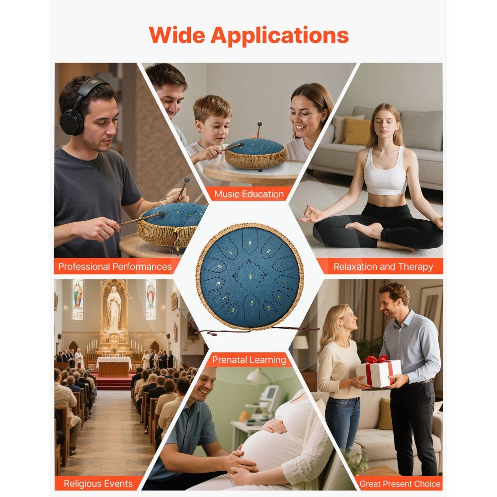 Zungentrommel, Ø305 mm, 13 Töne, Regentrommel, C-Dur, mit Notenbuch & Schlägeln, Schlaginstrument für Meditation, Yoga & musikalisches Einsteigertraining, Stahlzungentrommel Marineblau