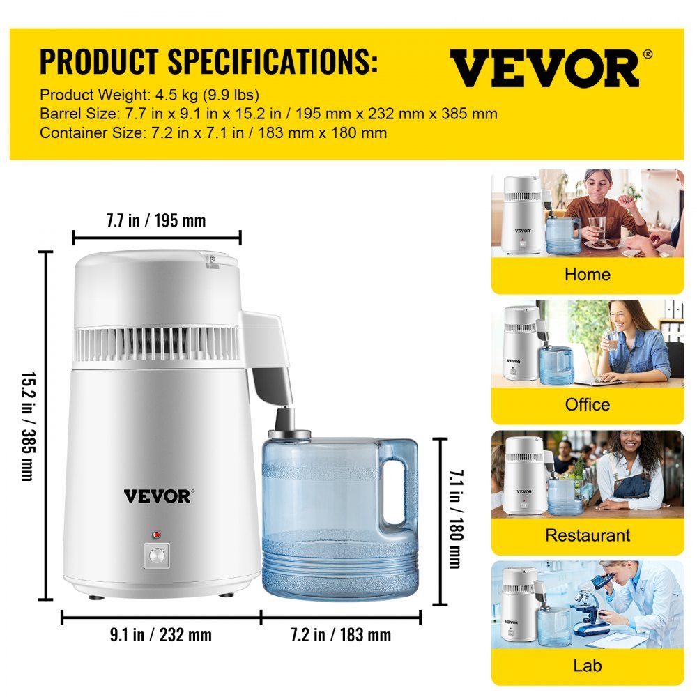 Waterdestilleerder drinkwater, 750W waterdestilleerder 1,3 L/H distilleerder waterdestilleerder, 304 roestvrijstalen witte distilleerder met handvat, thermostaat