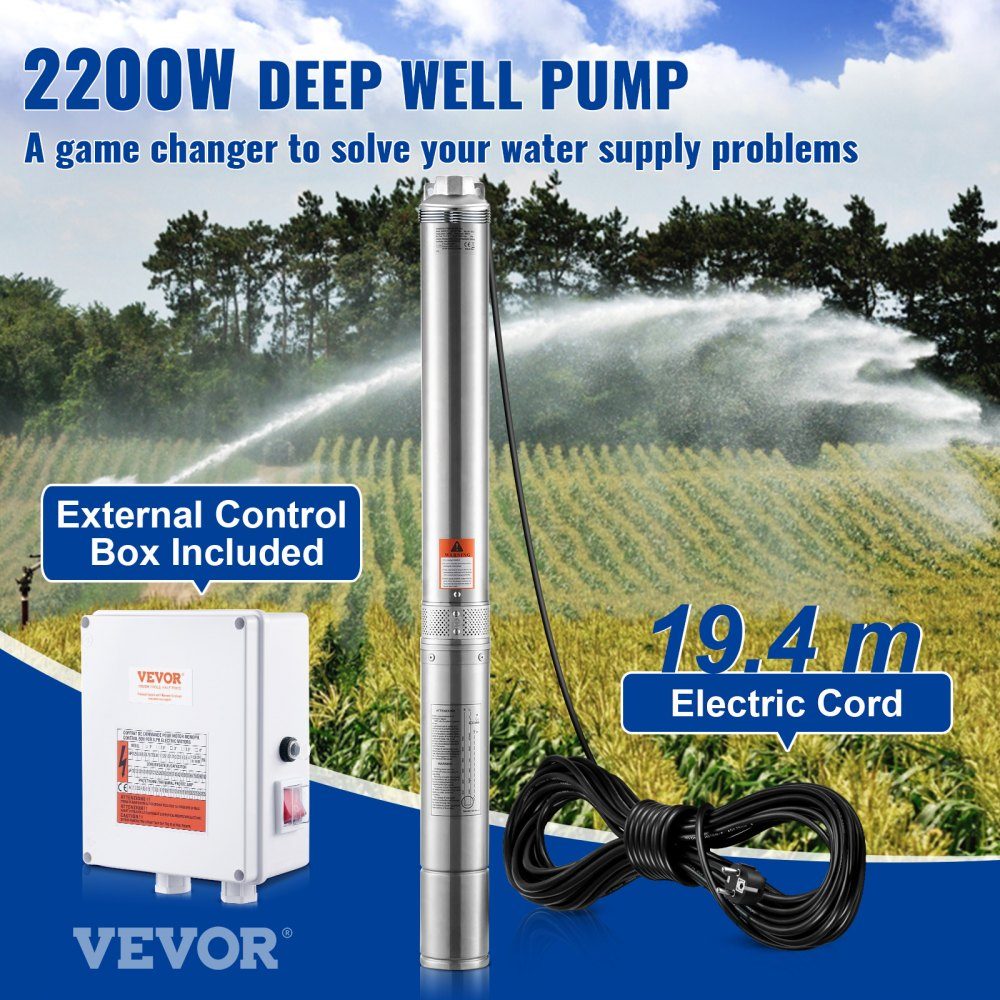 Diepe putdompelpomp, 2200 W, 230 V, 9,8 m3/u stroom, 144 m opvoerhoogte, met 19,4 m kabel en externe schakelkast, roestvrijstalen waterpompen voor industriële irrigatie en thuisgebruik, IP68 waterdicht