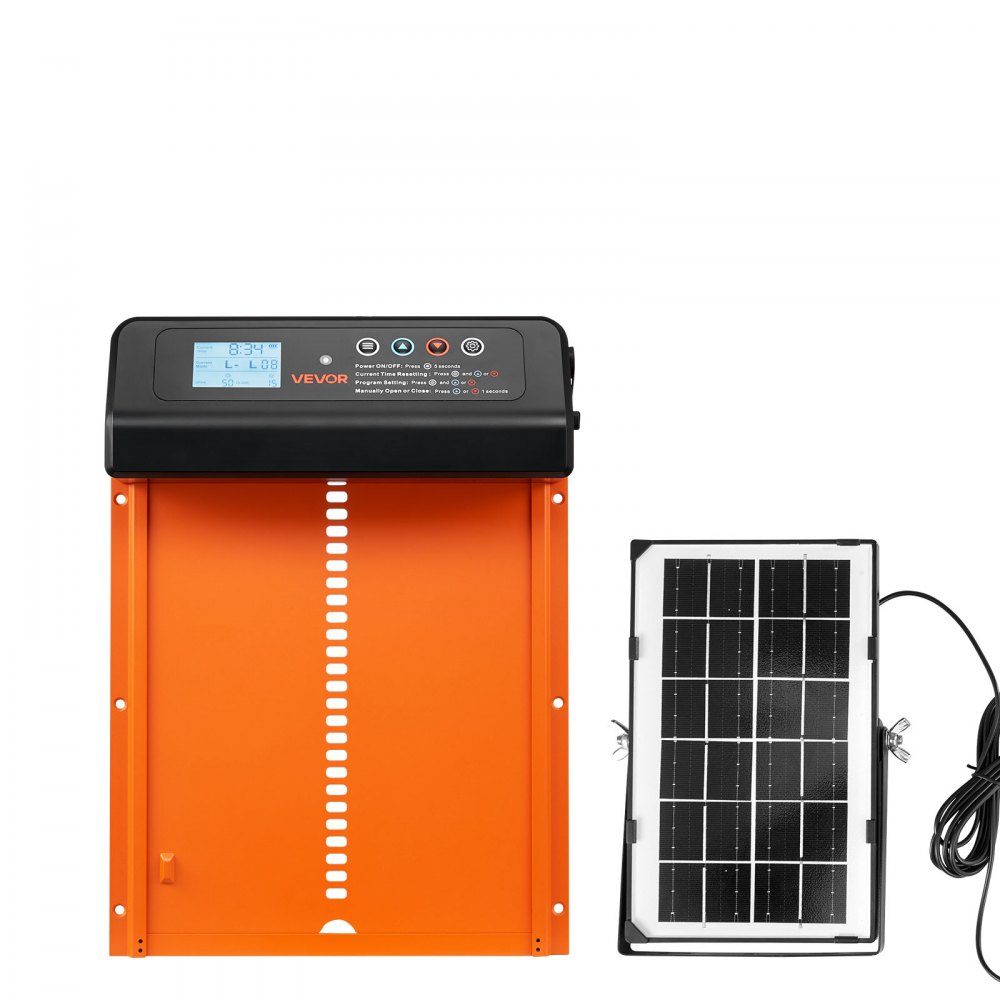 Chicken Flap, Solar and Battery Powered Chicken Door with LCD Display, Remote Control, Light Sensor and Timer, Anti-Pinch, Aluminum Alloy Chicken Coop Door, 350 x 250 x 73mm, Orange