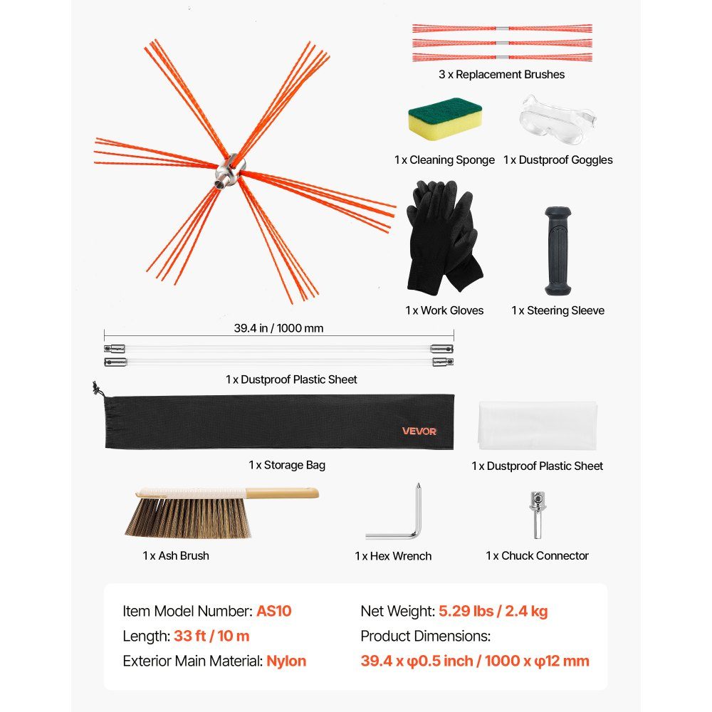 Stove Pipe Brush Set, 10m Max Length, Chimney Brushes, Chimney Sweep Set, Chimney Brush, 90° Bendable Chimney Cleaning Tool, for Square and Rectangular Chimneys