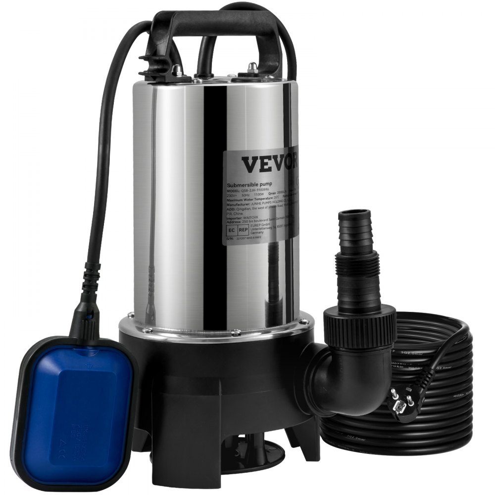 Tauchpumpe 1100 W Schmutzwasserpumpe 230 V Gartenpumpe Durchfluss 333,3 l/min Schmutzwasser-Tauchpumpe IPX8-Auslass zuschneidbar zum Pumpen von Wasser aus Schwimmbeckenteichen